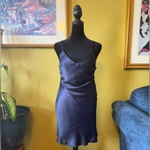 Navy Satin Slip Dress with Spaghetti Straps